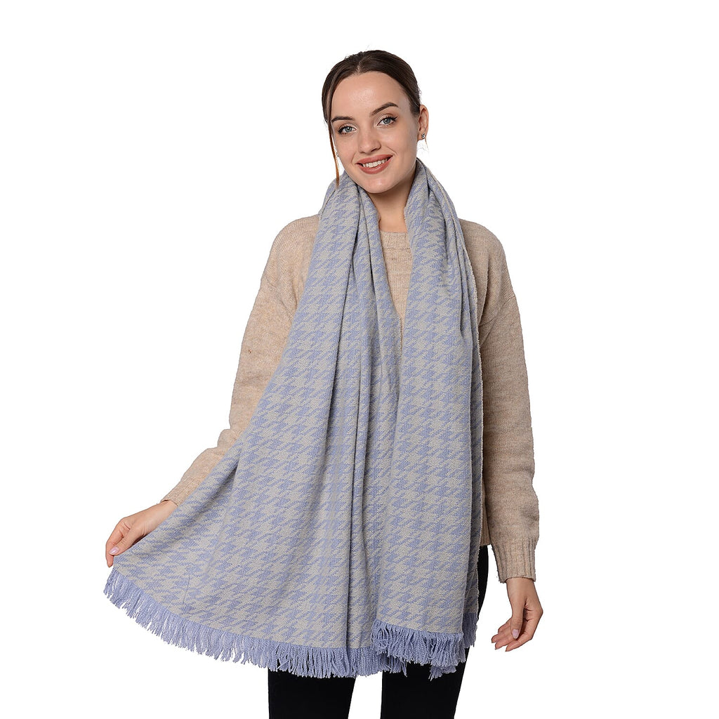 Close Out Deal LA MAREY Super Soft 100% Wool Shawl in Blue Houndstooth Pattern with Tassels (200x69 Cm)