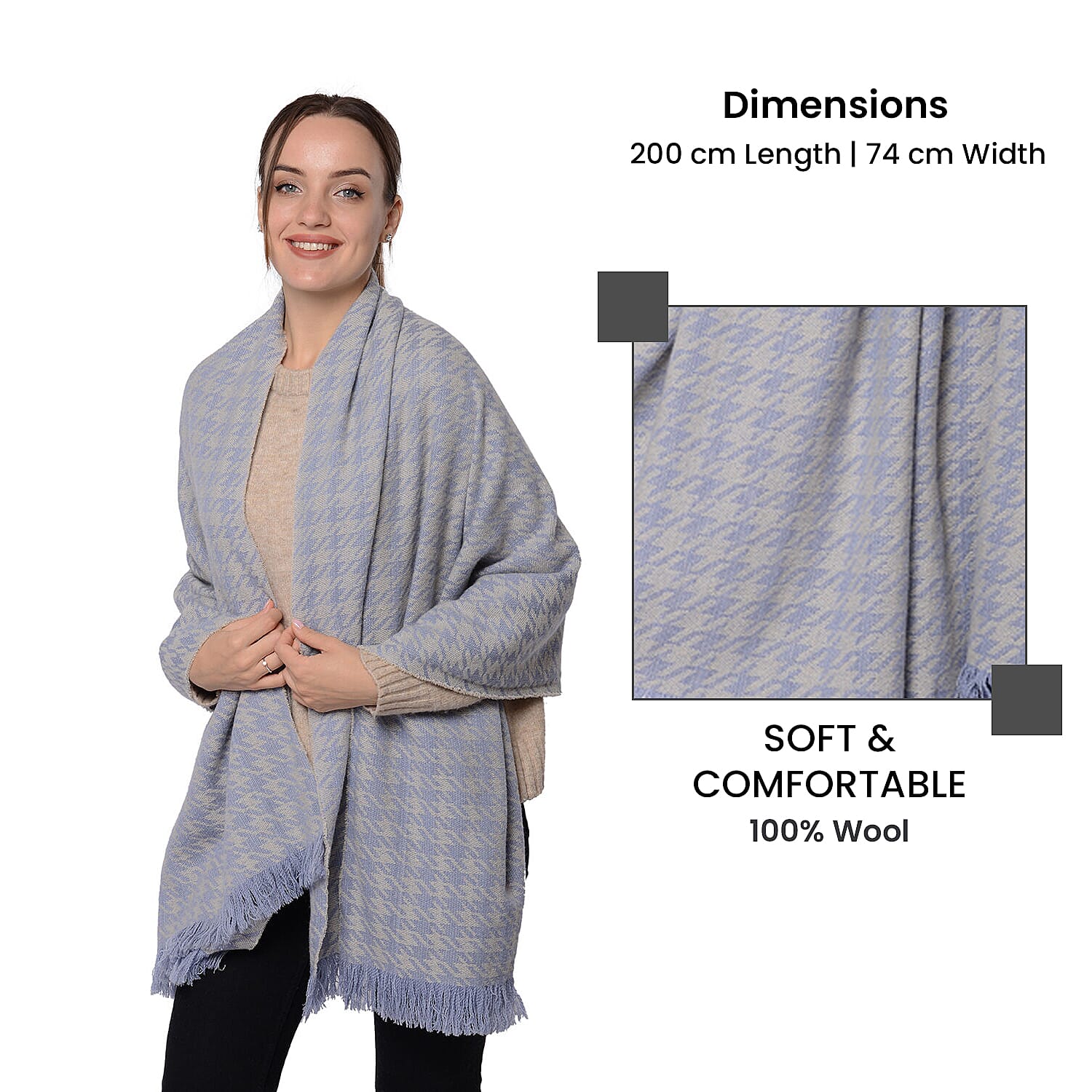LA MAREY Houndstooth Pattern Wool Shawl - Blue 6009654 3