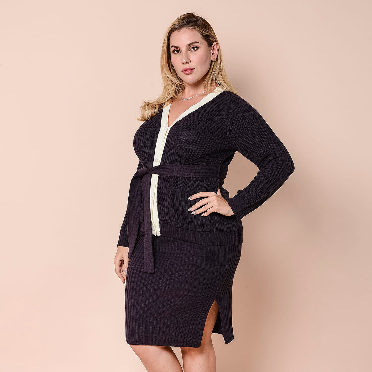 LA MAREY Knitted Women's Cardigan with Waistband - Black V32604797 2