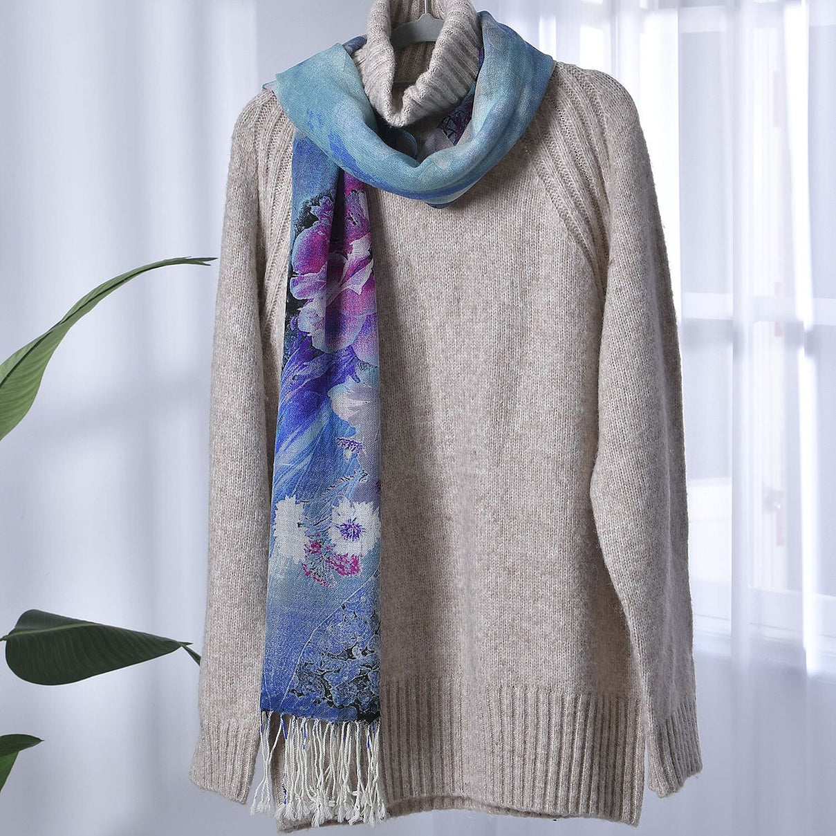 LA MAREY Merino Wool Flower Pattern Scarf (Size 66x184 Cm) - Light Blue 8915184 2