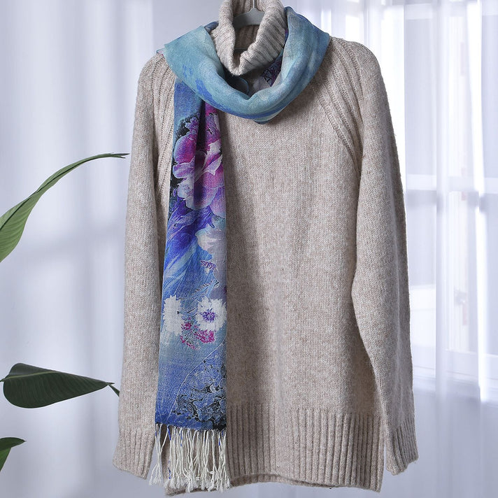 LA MAREY Merino Wool Flower Pattern Scarf (Size 66x184 Cm) - Light Blue 8915184 2