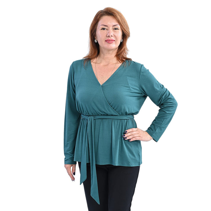 LA MAREY Plain Pattern V-Neck Knitted Blouse with Belt - Green 3873822 1