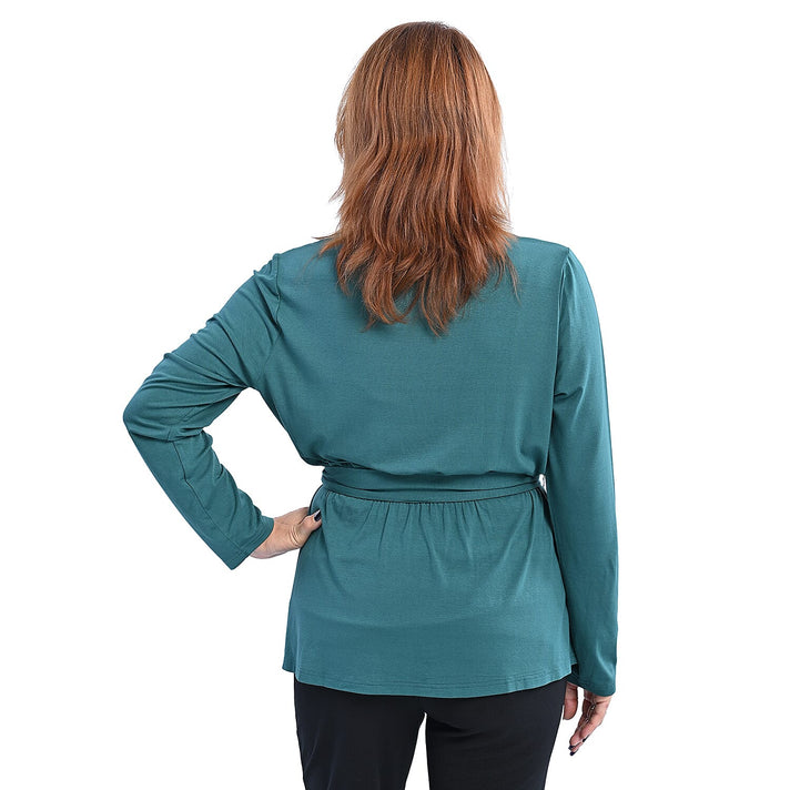 LA MAREY Plain Pattern V-Neck Knitted Blouse with Belt - Green 3873822 2