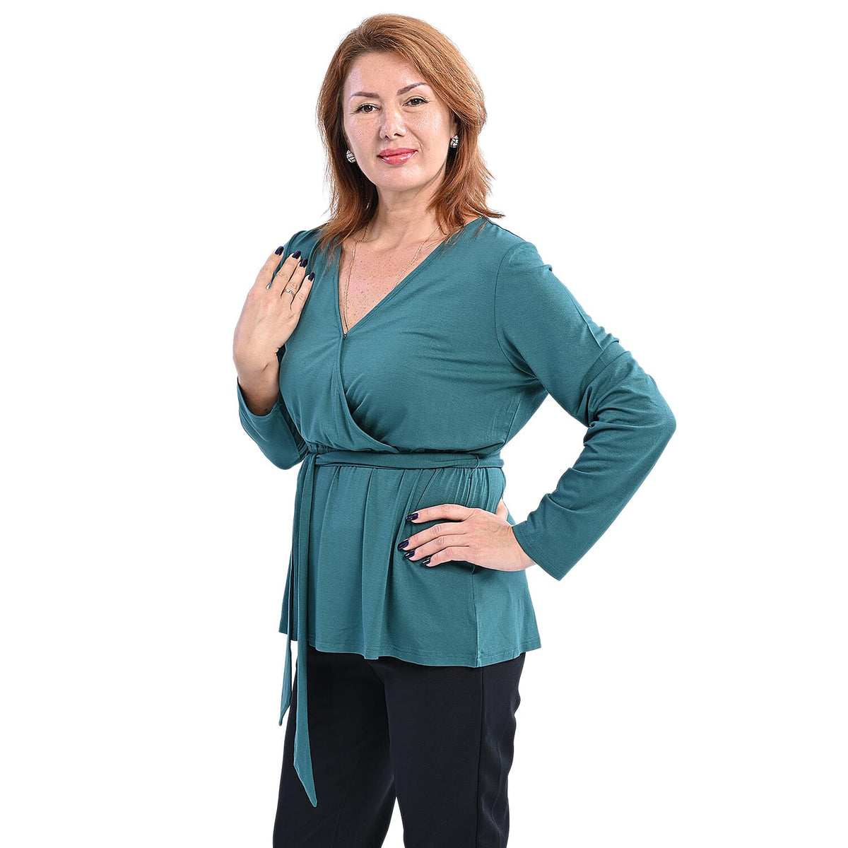 LA MAREY Plain Pattern V-Neck Knitted Blouse with Belt - Green 3873822 3