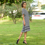 LA MAREY Viscose Fret Pattern Short Sleeve Dress (Size XXL - 24) - Navy and White