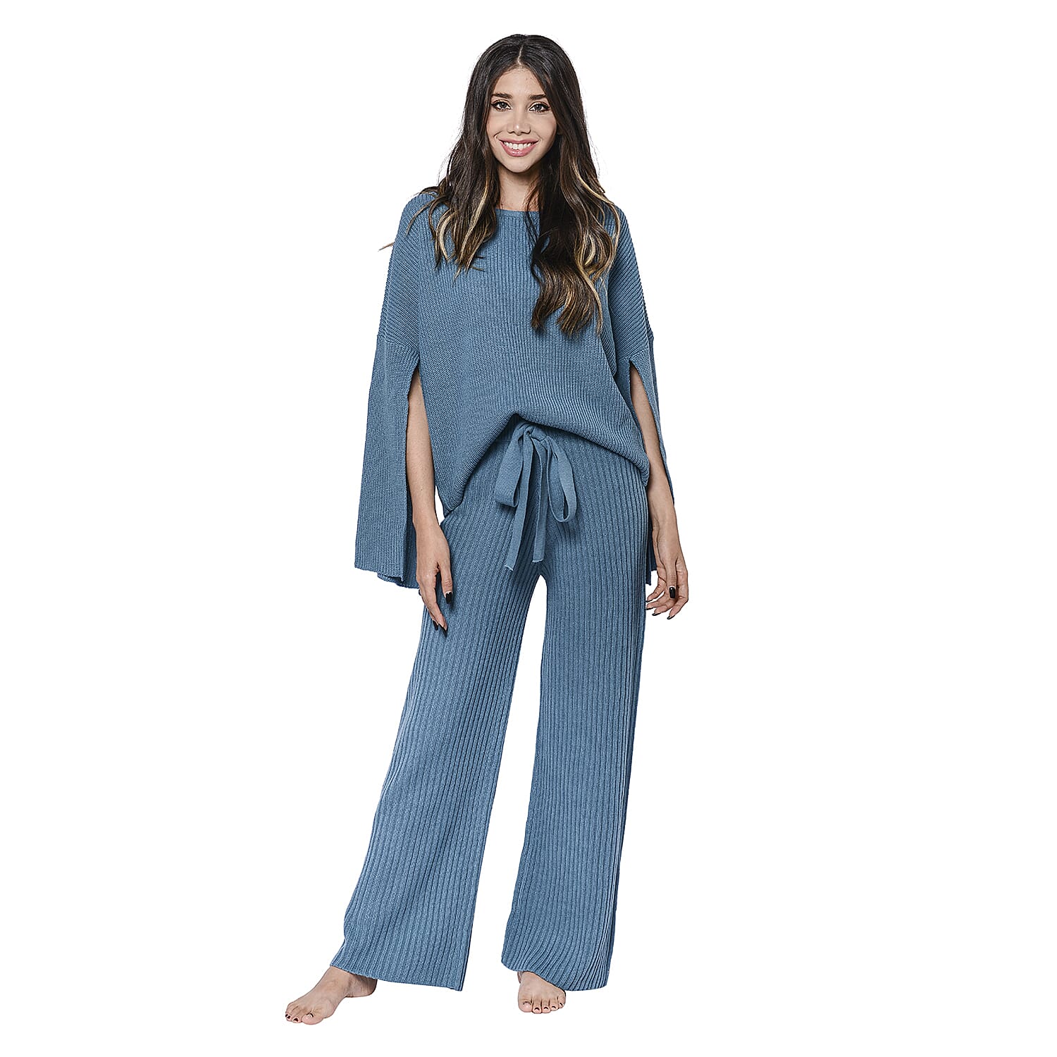 LA MAREY Ribbed Knit Top with Split Sleeves in Teal (Size XXL) 3721716 0