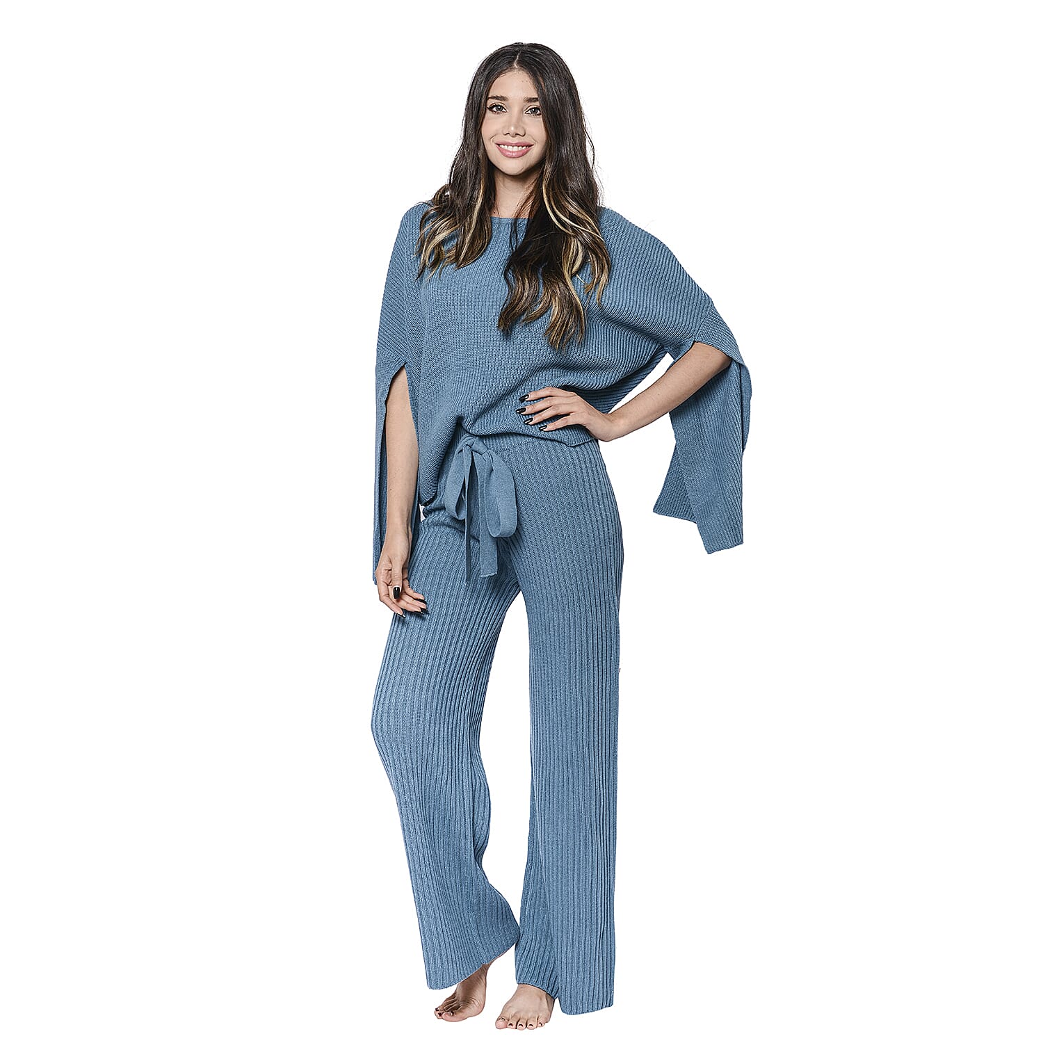 LA MAREY Ribbed Knit Top with Split Sleeves in Teal (Size XXL) 3721716 2