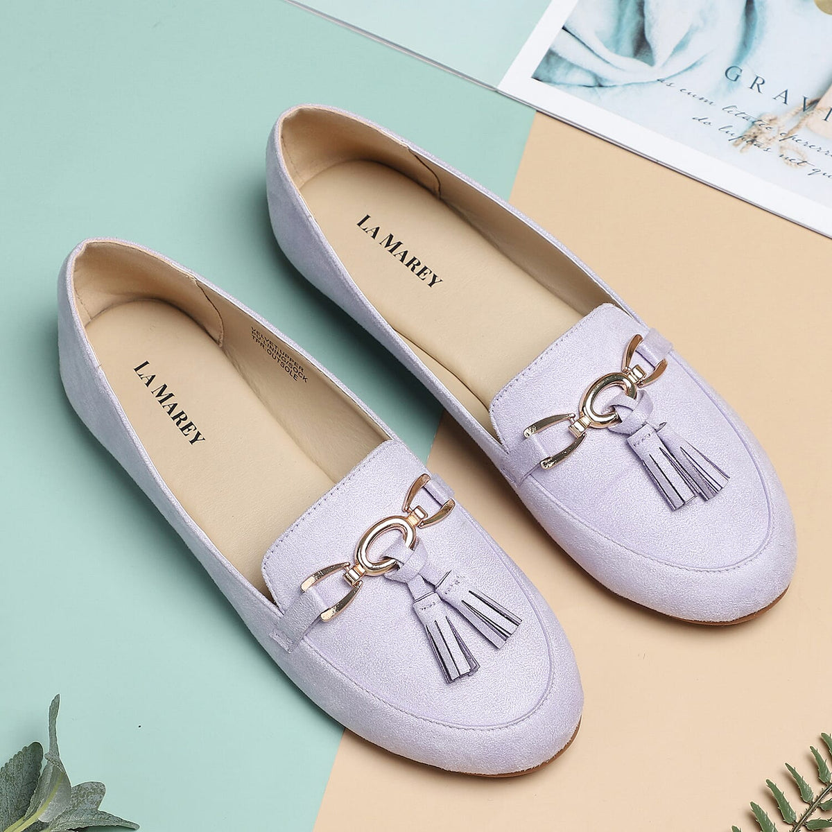 LA MAREY Velvet with Tassel and Metal Buckle Detailing Loafers - Light Purple 3794469 2