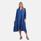 LA MAREY Womens Boho Button-Front V-Neck  Dress (One Size) - Denim Blue