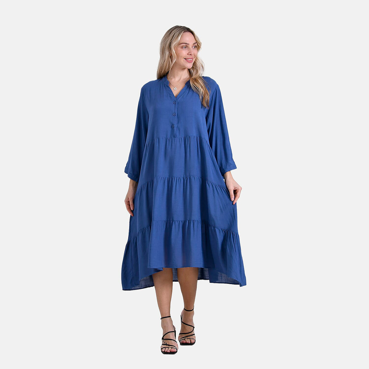 LA MAREY Womens Boho Button-Front V-Neck  Dress (One Size) - Denim Blue 8026885 4