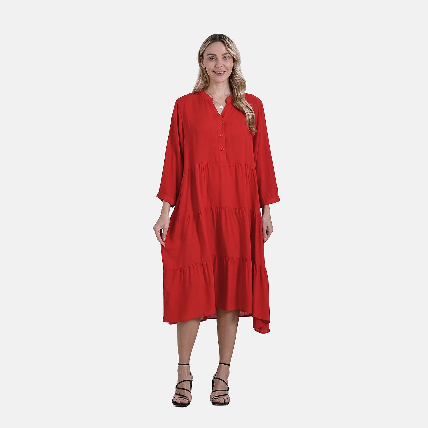 LA MAREY Womens Boho Button-Front V-Neck Dress (One Size) - Red 8026886 3