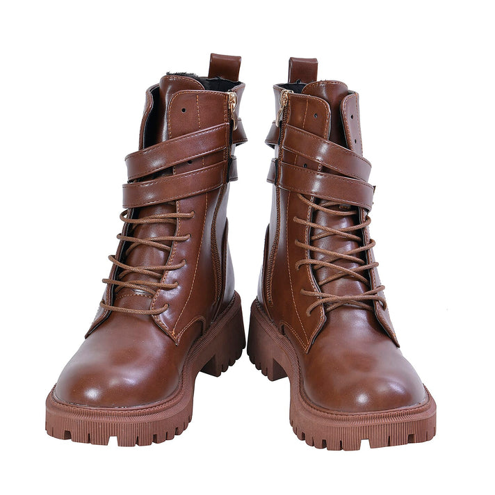 LA MAREY Womens High Ankle Boots with Buckle and Side Zipper Closure - Tan 7609003 1