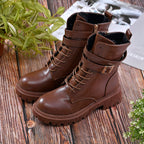 LA MAREY Womens Round Toe High Ankle Boots with Buckle and Side Zipper Closure (Size 3) - Tan