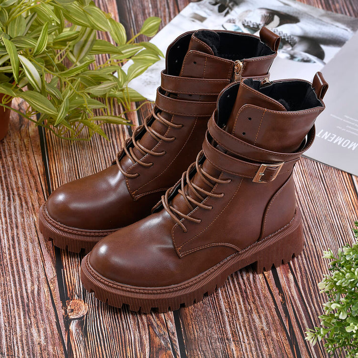 LA MAREY Womens High Ankle Boots with Buckle and Side Zipper Closure - Tan 7609003 2