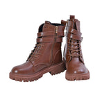 LA MAREY Womens Round Toe High Ankle Boots with Buckle and Side Zipper Closure (Size 3) - Tan
