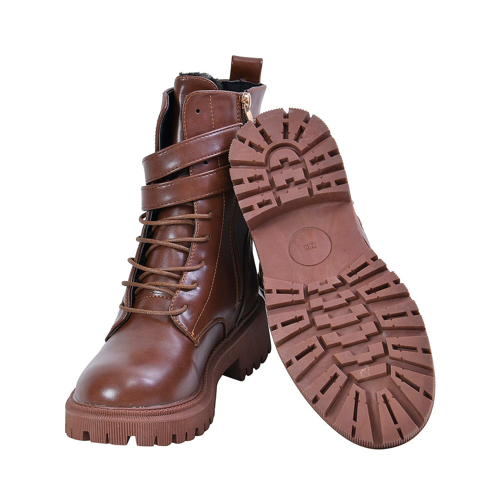 LA MAREY Womens Round Toe High Ankle Boots with Buckle and Side Zipper Closure (Size 3) - Tan