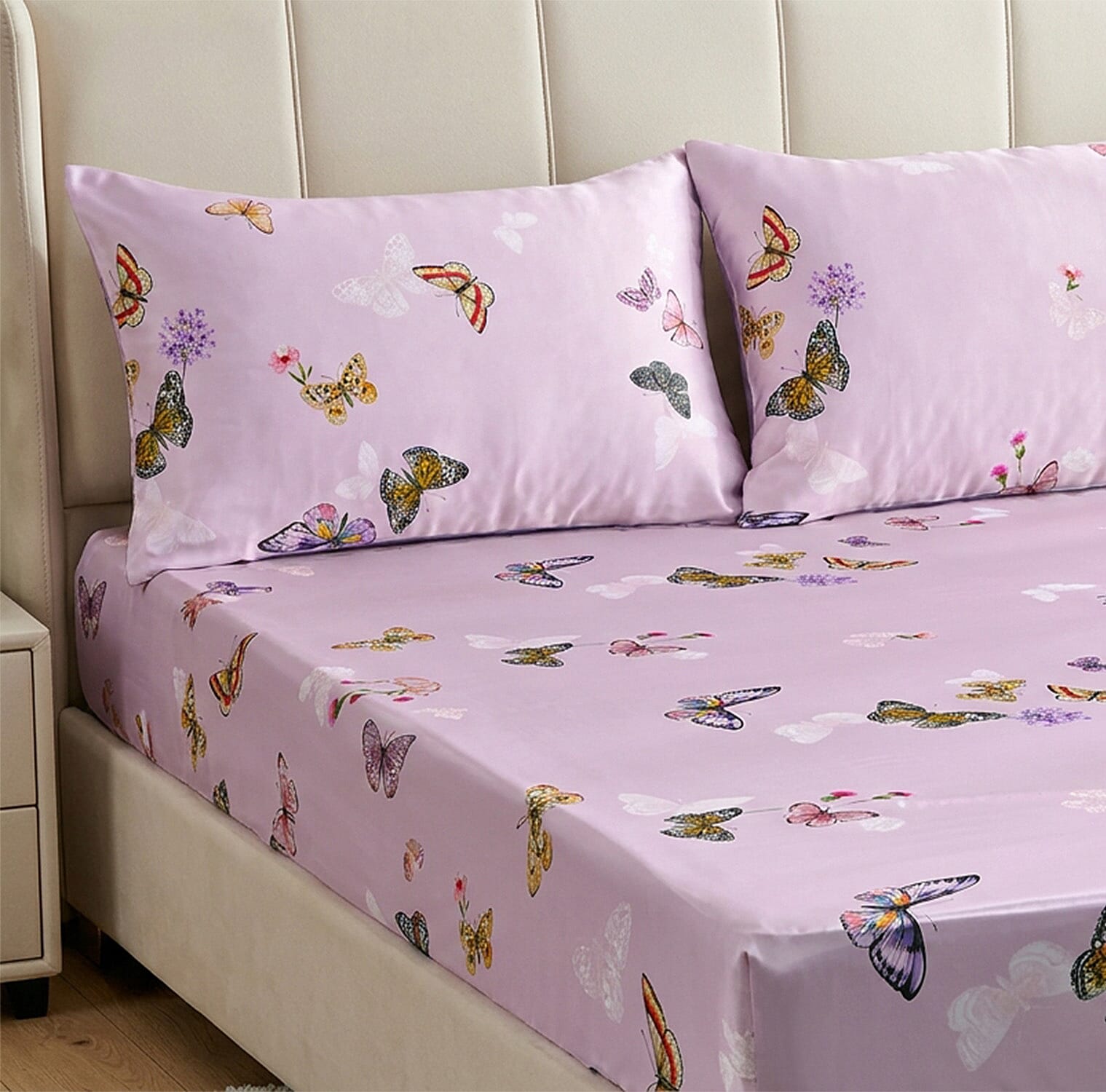 LA Marey Signature Collection - 3 Piece Set - 100% Mulberry Silk Fitted Sheets &amp; 2 Mother Of Pearl Button Pillowcases Double (190 x 135 cm - Pink 8412038 0
