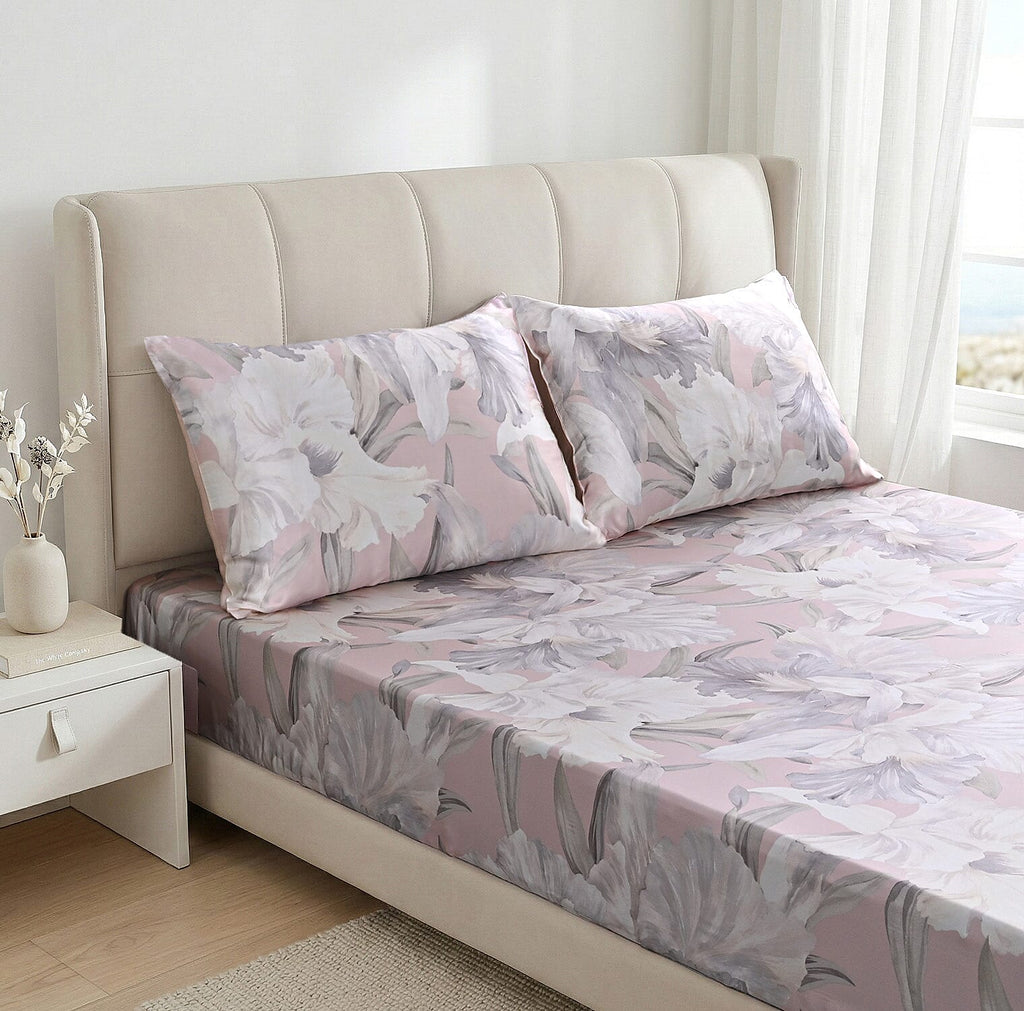 LA Marey Signature Set of 3 100% Mulberry Silk Fitted Sheets & 2 MOP Button Pillowcases (200 x 150 cm) - Beige
