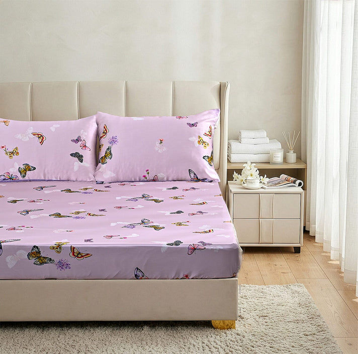 LA Marey Signature Collection - 3 Piece Set - 100% Mulberry Silk Fitted Sheets &amp; 2 Mother Of Pearl Button Pillowcases King (200 x 150 cm) - Pink 8412045 2