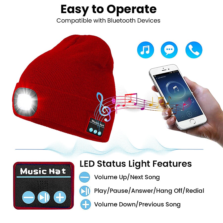 LED Light Up Beanie Music Hat with Headphones - Red 7129258 4