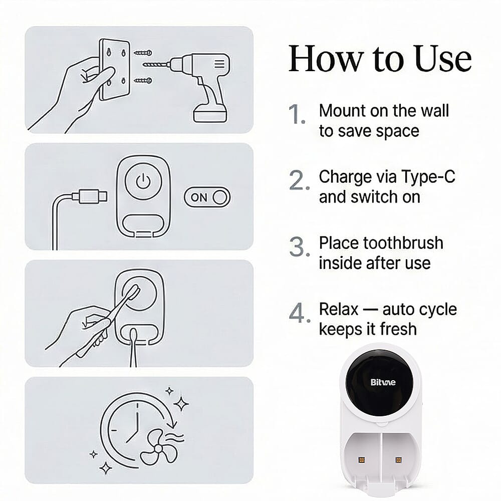 LED Smart Screen Toothbrush Sanitizer & Dryer | 30-Day Battery (1800mAh) & Automatic 3H Cleaning Cycle
