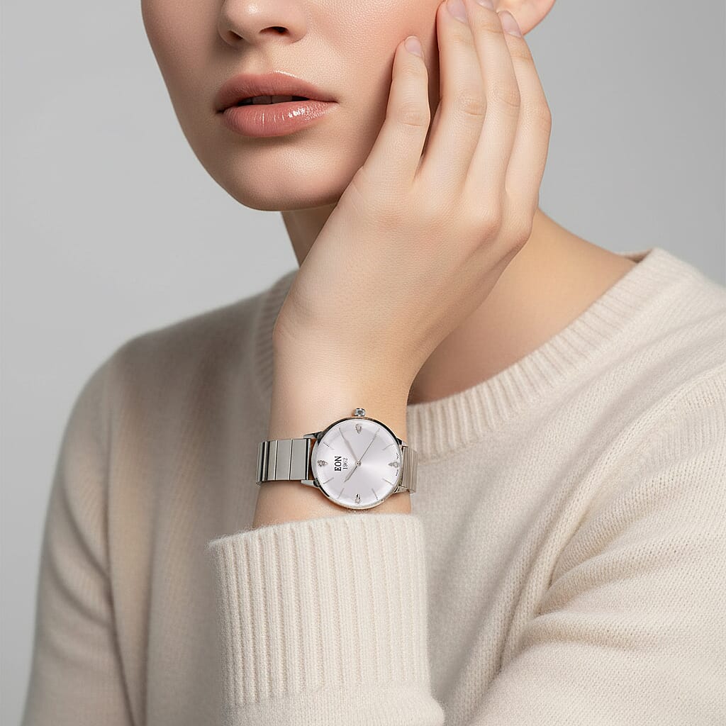 LIMITED EDITION - EON SWISS Movement Natural Diamonds 5 ATM Watch in Stainless Steel Strap - SIlver