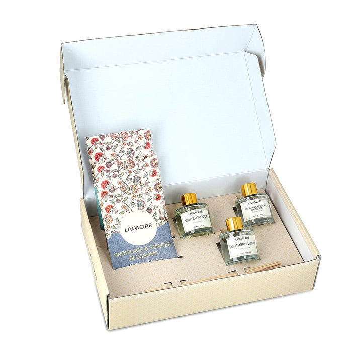 LIVMORE 3 Piece Reed Diffuser Collection - Winter Woods, Snowlace &amp; Powder Blossoms and Northern Lights With Reeds amd 3 Fragrance Sachets 8231961 1