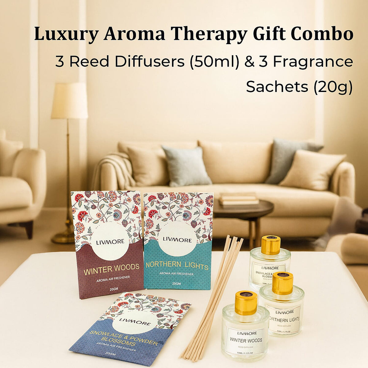 LIVMORE 3 Piece Reed Diffuser Collection - Winter Woods, Snowlace &amp; Powder Blossoms and Northern Lights With Reeds amd 3 Fragrance Sachets V32562326 2