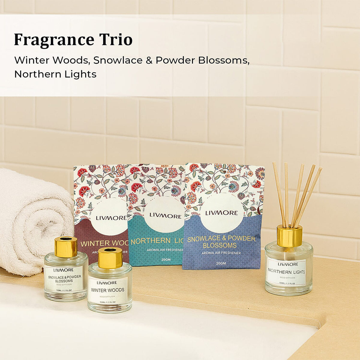 LIVMORE 3 Piece Reed Diffuser Collection - Winter Woods, Snowlace &amp; Powder Blossoms and Northern Lights With Reeds amd 3 Fragrance Sachets V32562326 3