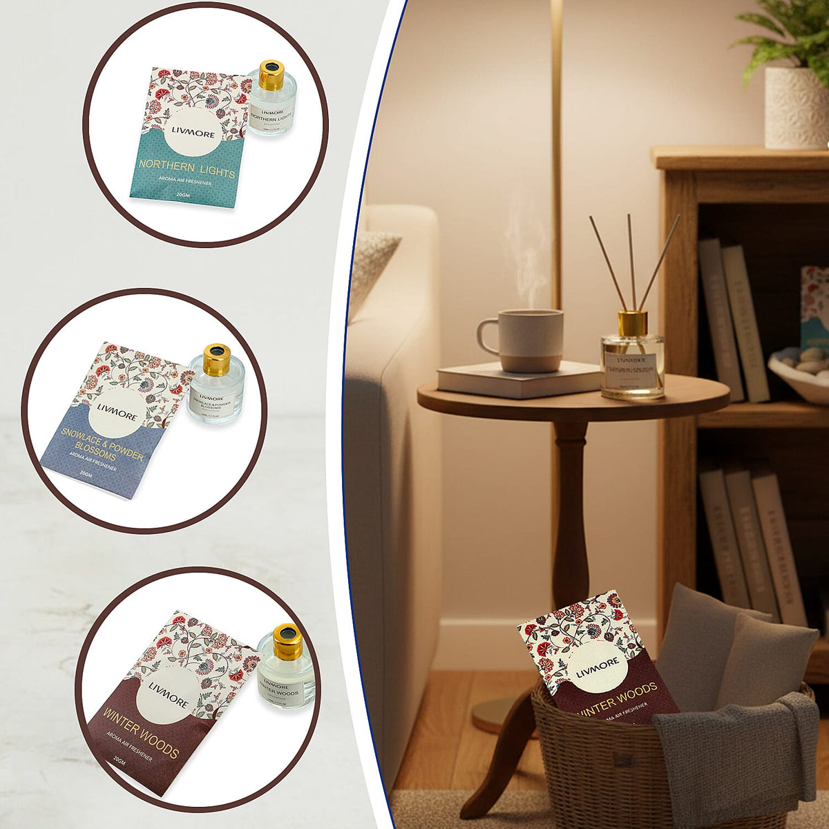 LIVMORE 3 Piece Reed Diffuser Collection - Winter Woods, Snowlace &amp; Powder Blossoms and Northern Lights With Reeds amd 3 Fragrance Sachets V32562326 4