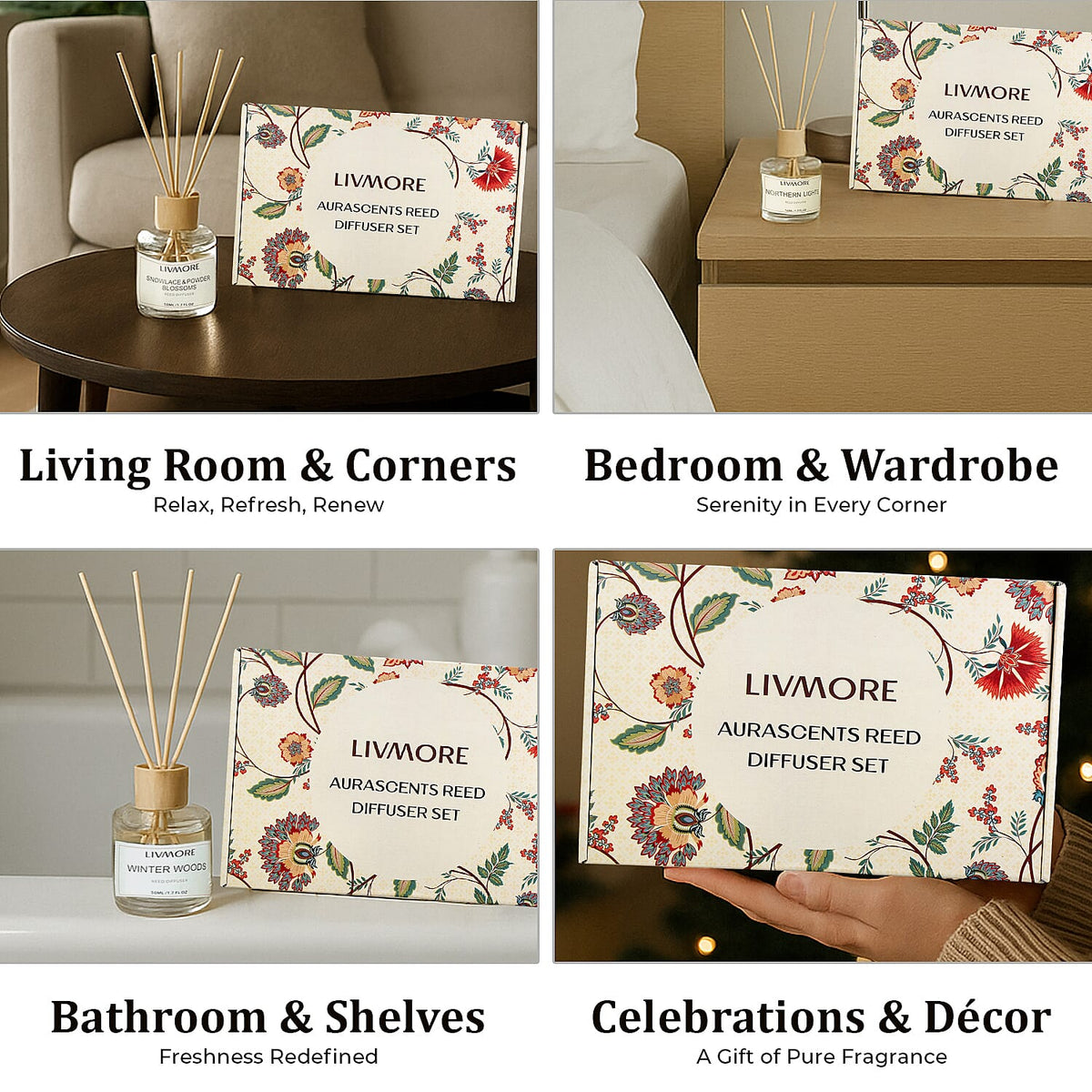 LIVMORE 3 Piece Reed Diffuser Collection - Winter Woods, Snowlace &amp; Powder Blossoms and Northern Lights With Reeds amd 3 Fragrance Sachets V32562326 6