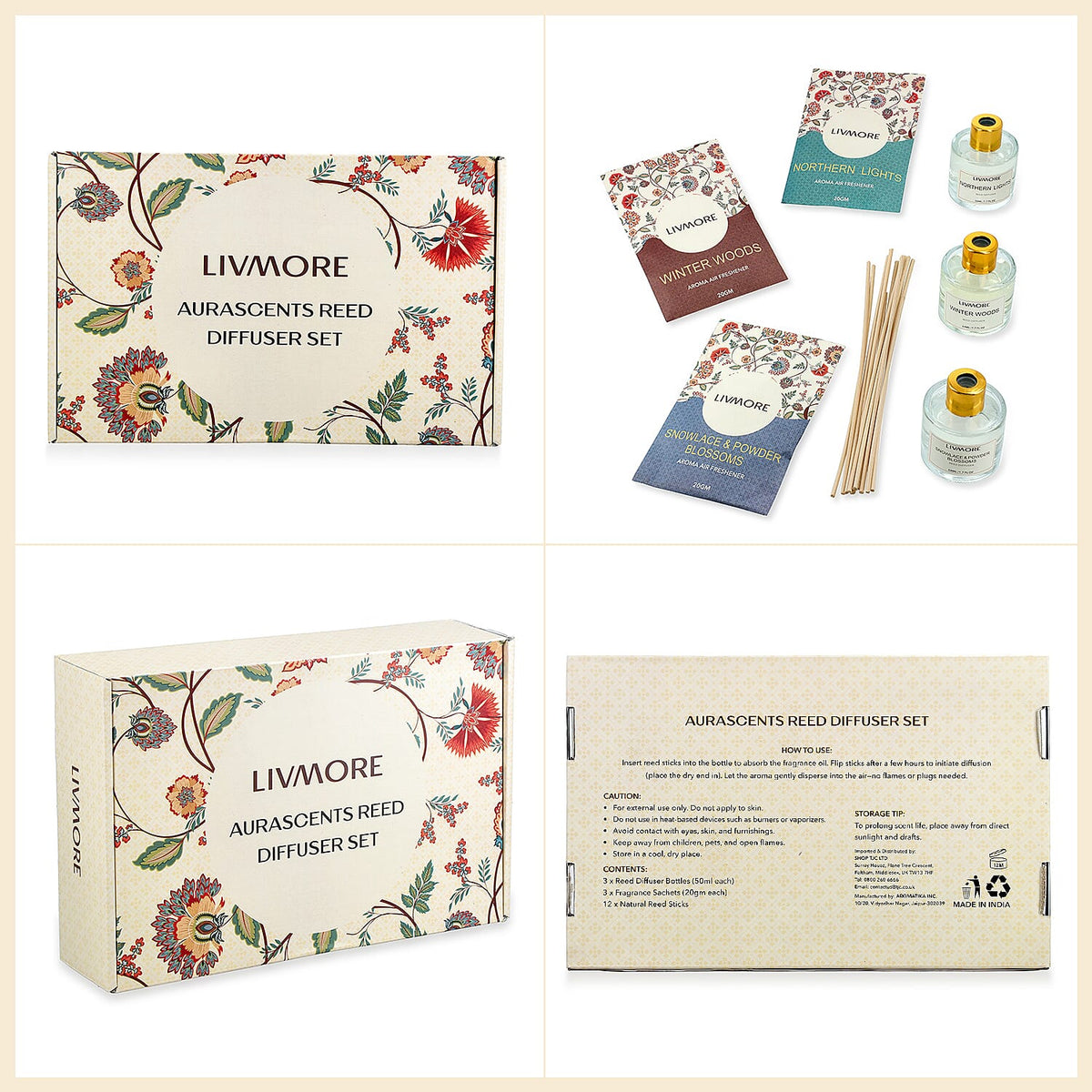 LIVMORE 3 Piece Reed Diffuser Collection - Winter Woods, Snowlace &amp; Powder Blossoms and Northern Lights With Reeds amd 3 Fragrance Sachets V32562326 7