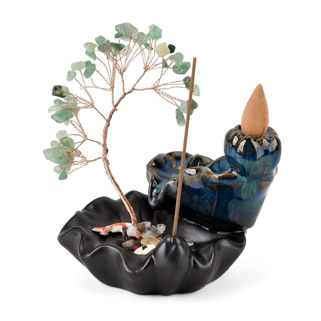 LIVMORE Green Aventurine Natural Gemstone Tree & Ceramic Backflow Incense Burner - Includes 20pc Sticks & Cones