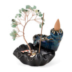 LIVMORE Green Aventurine Natural Gemstone Tree & Ceramic Backflow Incense Burner - Includes 20pc Sticks & Cones