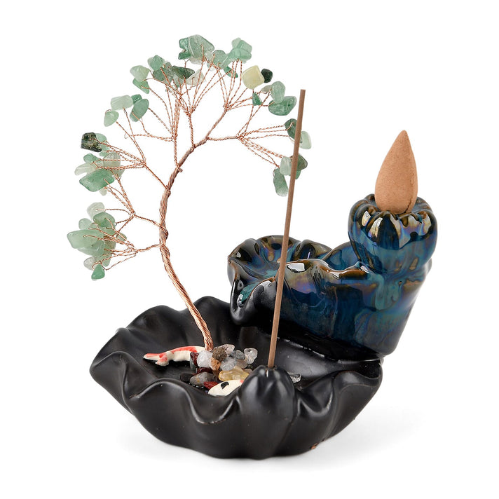 LIVMORE Green Aventurine Natural Gemstone Tree &amp; Ceramic Backflow Incense Burner - Includes 20pc Sticks &amp; Cones 8369945 1