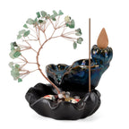 LIVMORE Green Aventurine Natural Gemstone Tree & Ceramic Backflow Incense Burner - Includes 20pc Sticks & Cones