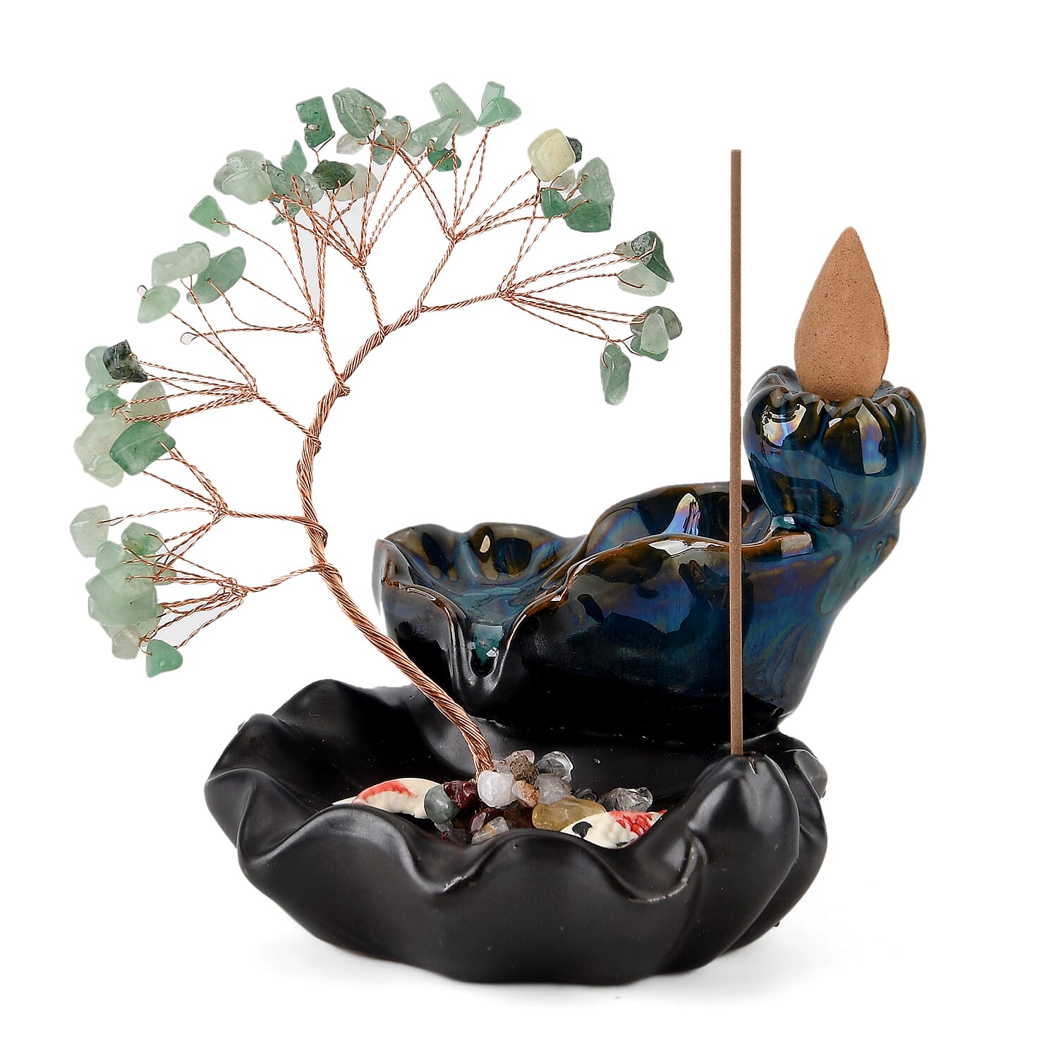 LIVMORE Green Aventurine Natural Gemstone Tree &amp; Ceramic Backflow Incense Burner - Includes 20pc Sticks &amp; Cones 8369945 3