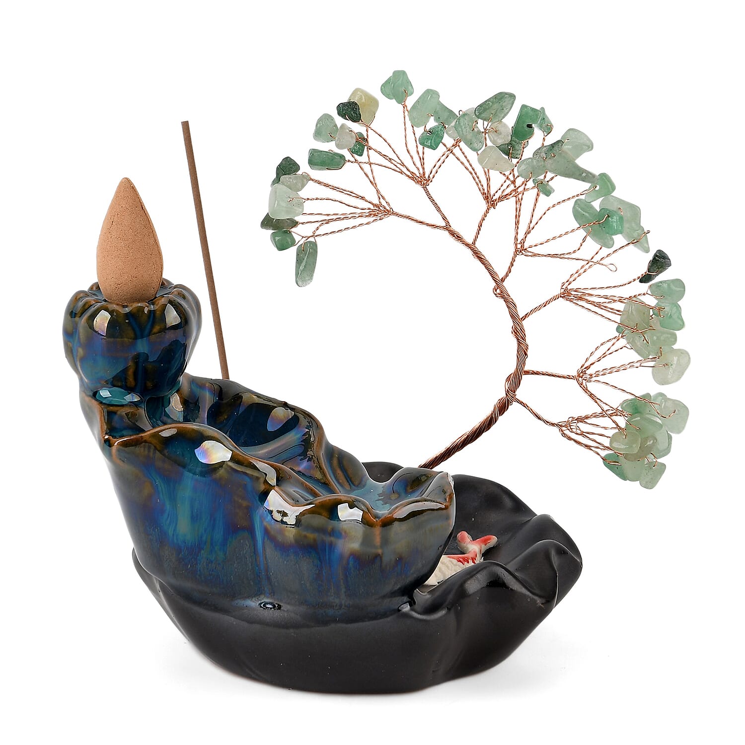 LIVMORE Green Aventurine Natural Gemstone Tree &amp; Ceramic Backflow Incense Burner - Includes 20pc Sticks &amp; Cones 8369945 4