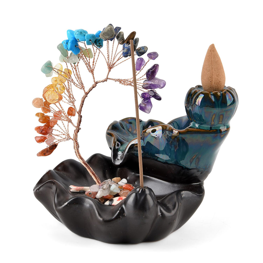 LIVMORE Multi Colour Natural Gemstone Tree & Ceramic Backflow Incense Burner - Includes 20pc Sticks & Cones