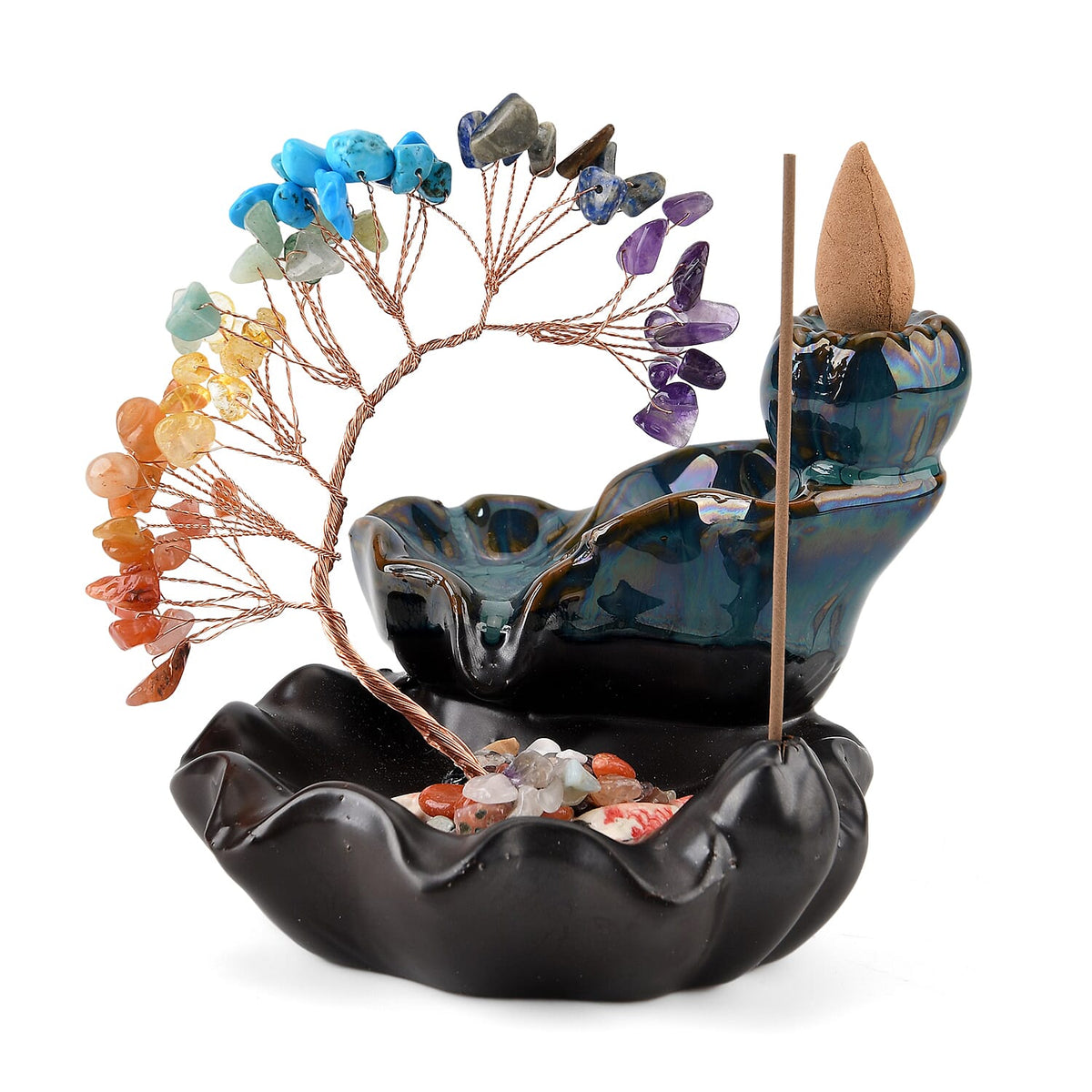 LIVMORE Multi Colour Natural Gemstone Tree &amp; Ceramic Backflow Incense Burner - Includes 20pc Sticks &amp; Cones V32527512 3