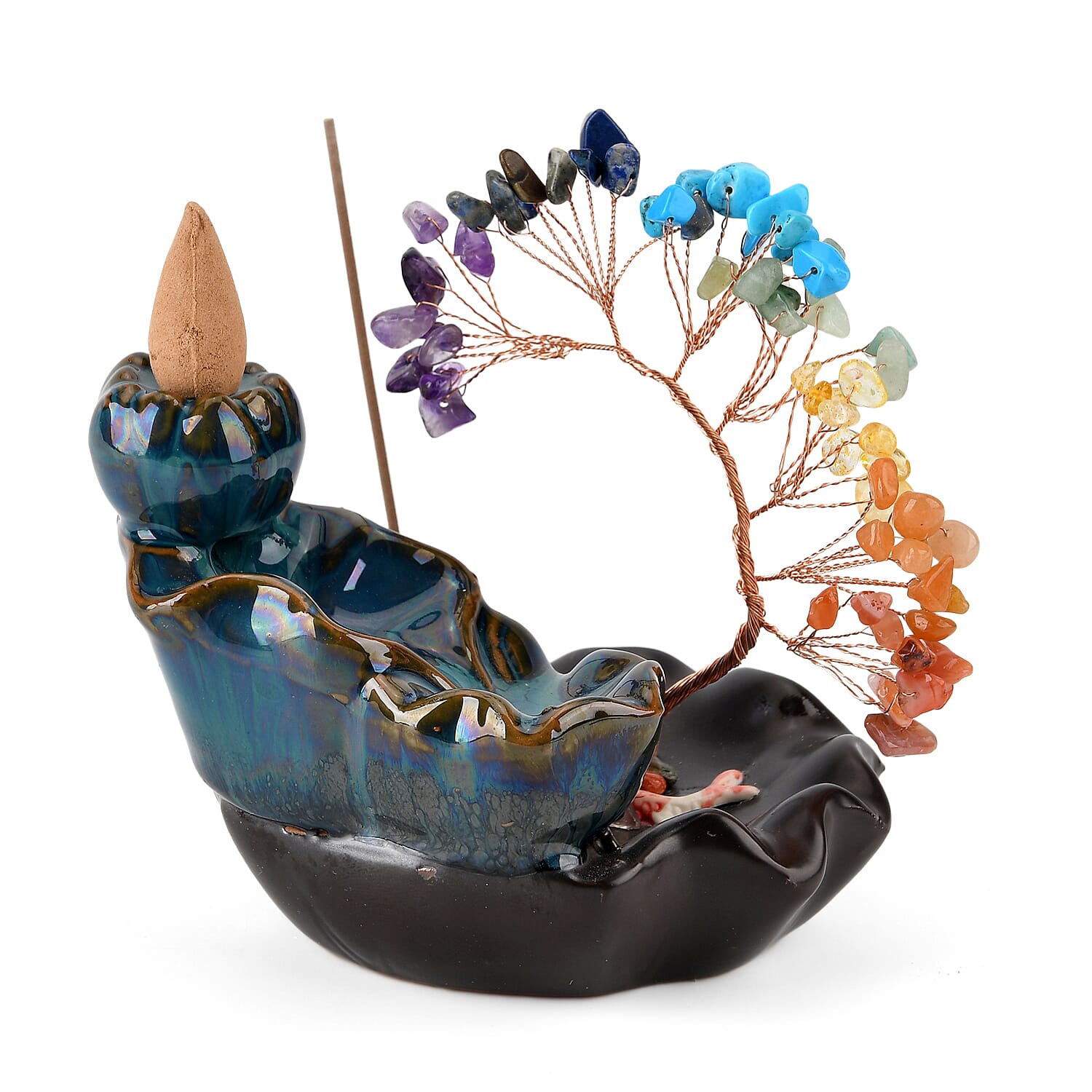 LIVMORE Multi Colour Natural Gemstone Tree &amp; Ceramic Backflow Incense Burner - Includes 20pc Sticks &amp; Cones V32527512 4
