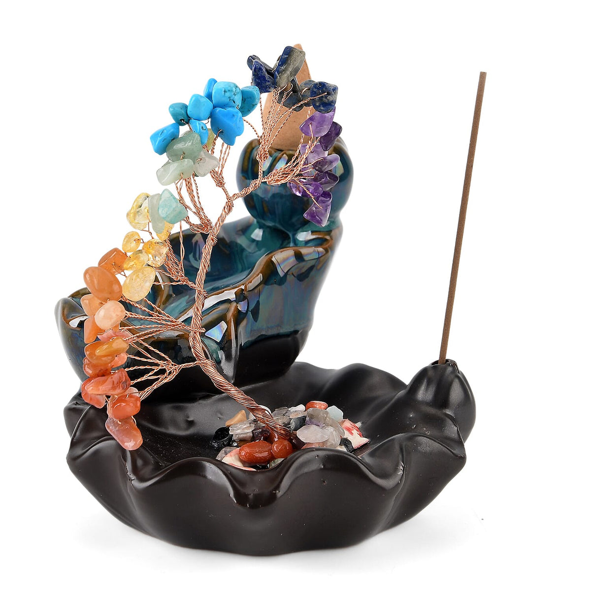 LIVMORE Multi Colour Natural Gemstone Tree &amp; Ceramic Backflow Incense Burner - Includes 20pc Sticks &amp; Cones V32527512 5