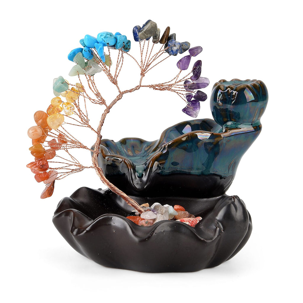 LIVMORE Multi Colour Natural Gemstone Tree & Ceramic Backflow Incense Burner - Includes 20pc Sticks & Cones