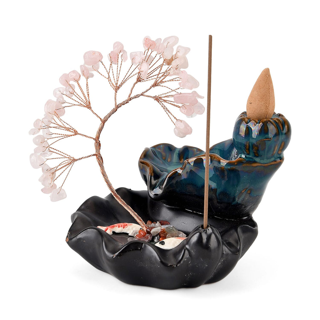 LIVMORE Rose Quartz Natural Gemstone Tree & Ceramic Backflow Incense Burner - Includes 20pc Sticks & Cones
