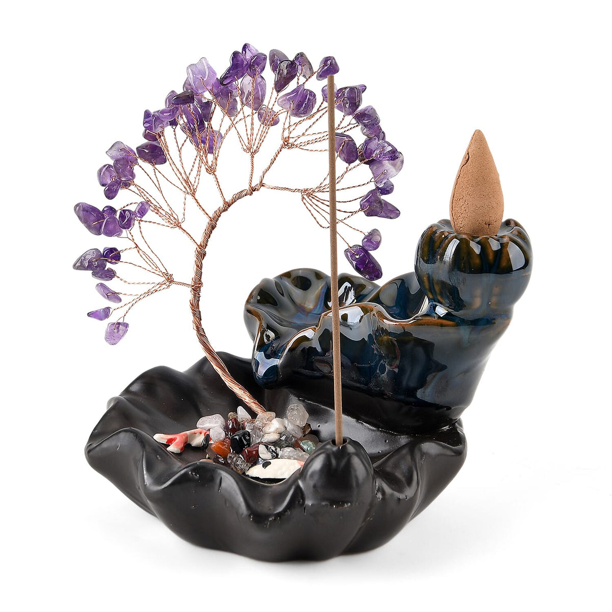 LIVMORE Amethyst Natural Gemstone Tree &amp; Ceramic Backflow Incense Burner - Includes 20pc Sticks &amp; Cones - Purple &amp; Black V32514375 0