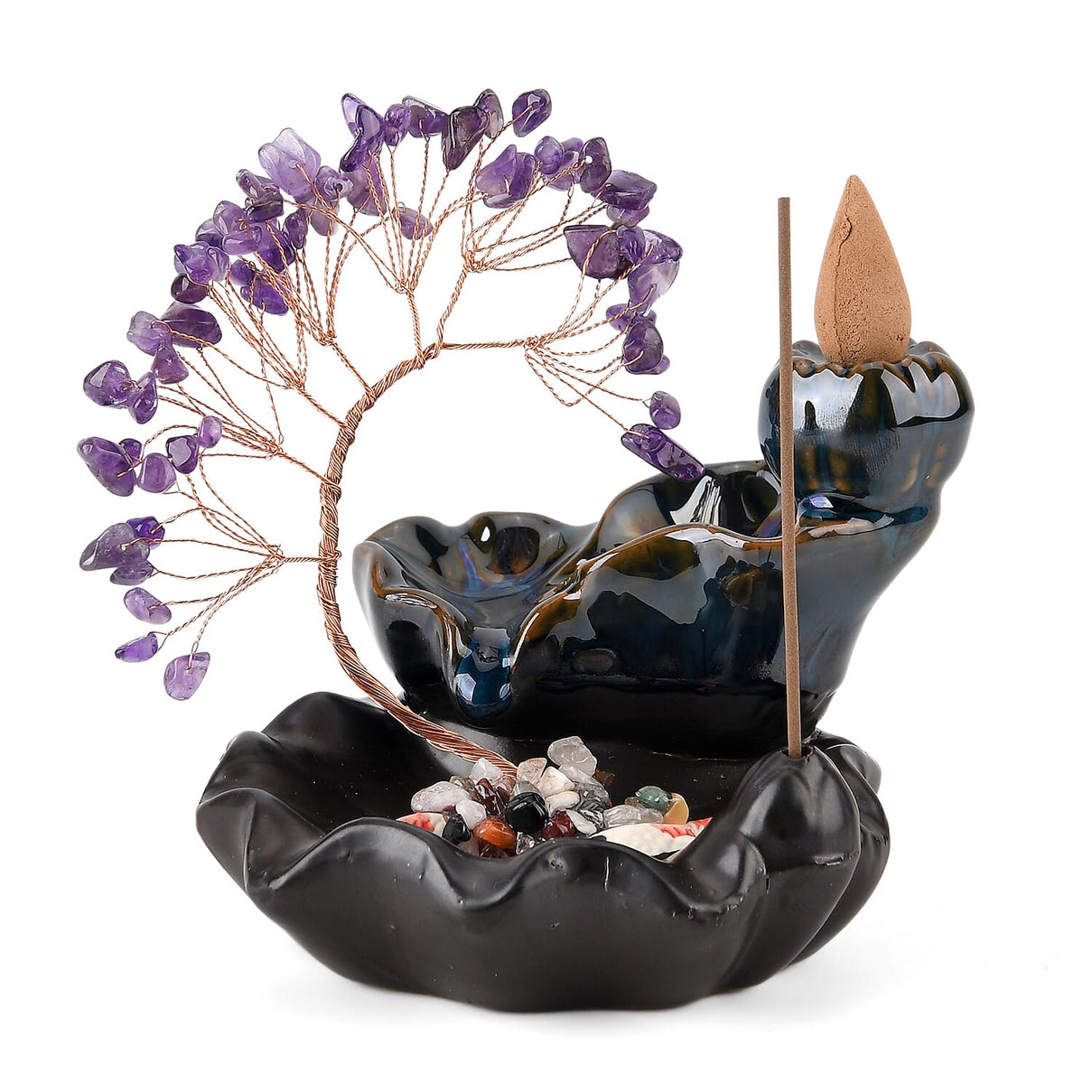 LIVMORE Amethyst Natural Gemstone Tree &amp; Ceramic Backflow Incense Burner - Includes 20pc Sticks &amp; Cones - Purple &amp; Black V32514375 3