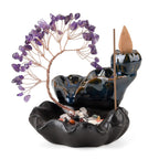 LIVMORE Amethyst Natural Gemstone Tree & Ceramic Backflow Incense Burner - Includes 20pc Sticks & Cones - Purple & Black