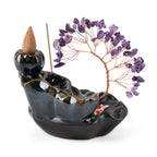 LIVMORE Amethyst Natural Gemstone Tree & Ceramic Backflow Incense Burner - Includes 20pc Sticks & Cones - Purple & Black