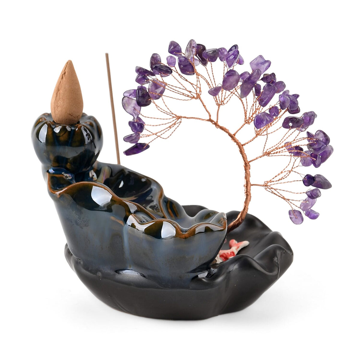 LIVMORE Amethyst Natural Gemstone Tree &amp; Ceramic Backflow Incense Burner - Includes 20pc Sticks &amp; Cones - Purple &amp; Black V32514375 4
