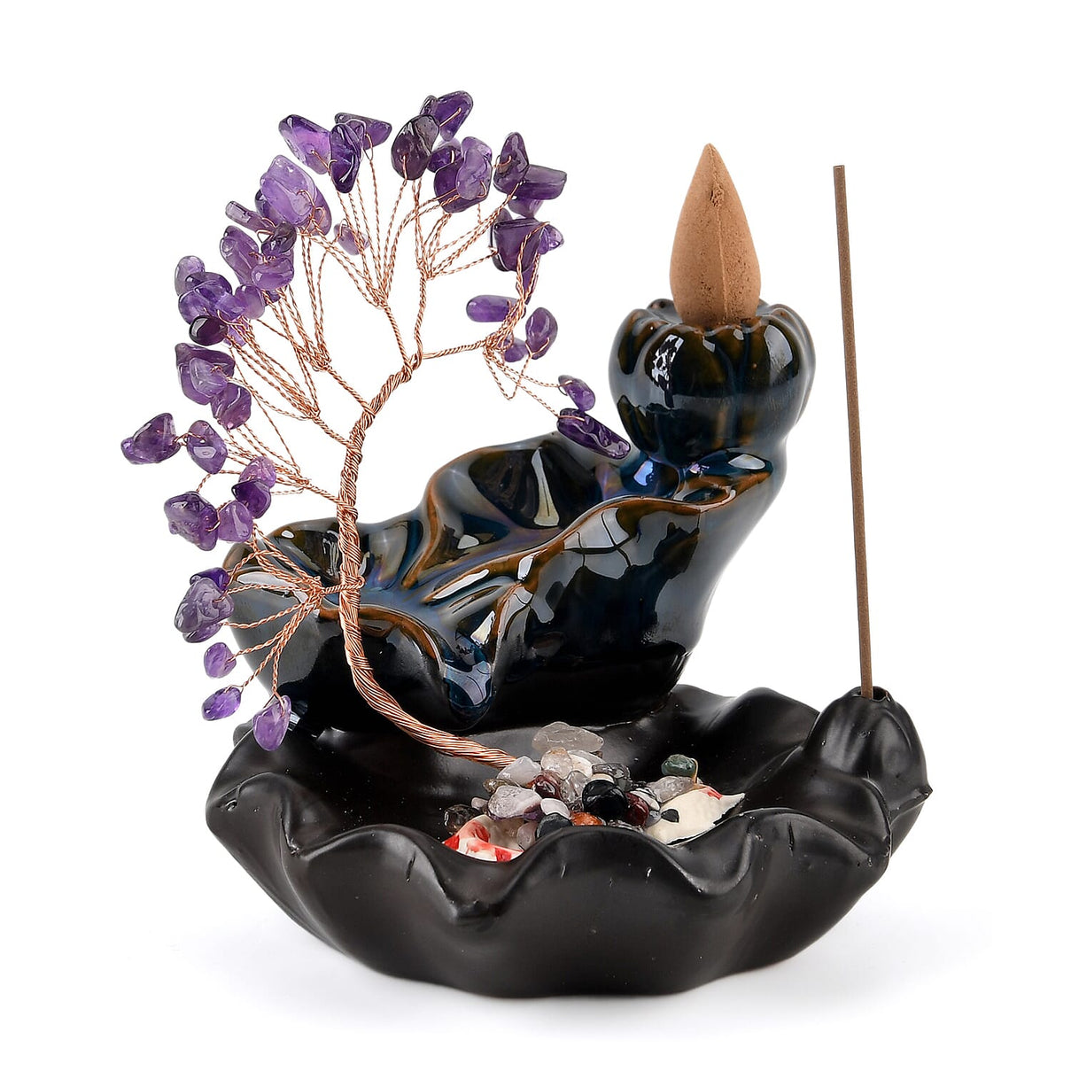 LIVMORE Amethyst Natural Gemstone Tree &amp; Ceramic Backflow Incense Burner - Includes 20pc Sticks &amp; Cones - Purple &amp; Black V32514375 5